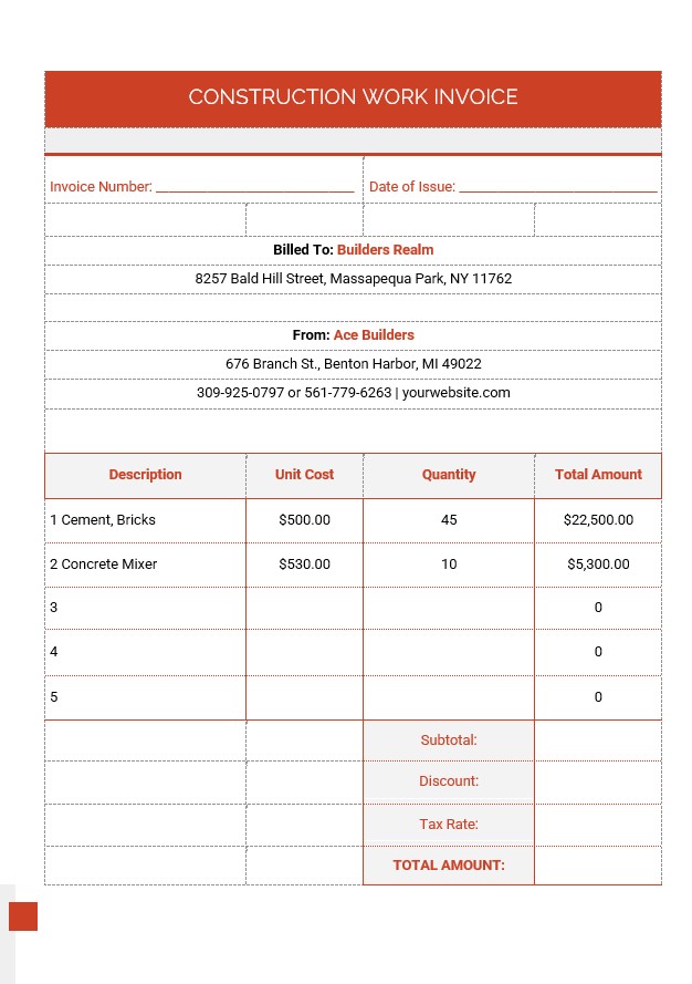 Construction Work Invoice Template PSD template